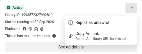 The Ad Library card menu offers Report as unlawful and Copy Ad Link, no download